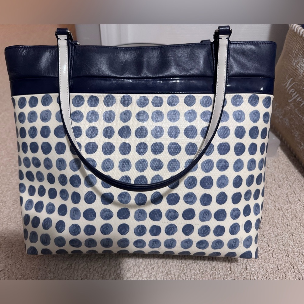 COACH White Blue Painted Dot Canvas Shoulder Tote Ba